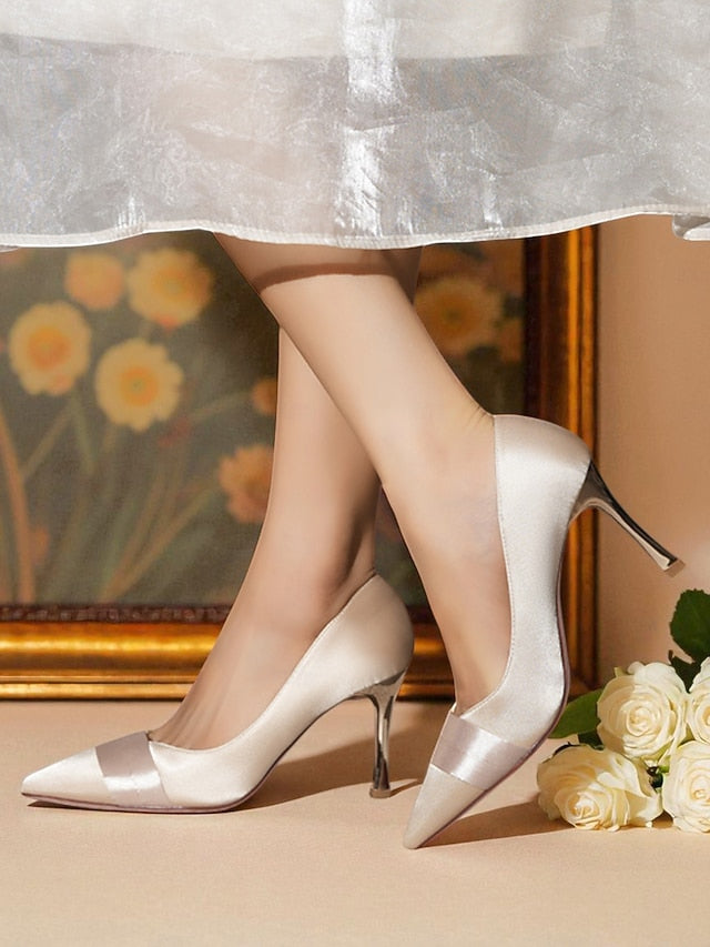 - High Women's Pumps Pointed Heel Satin Toe Champagne