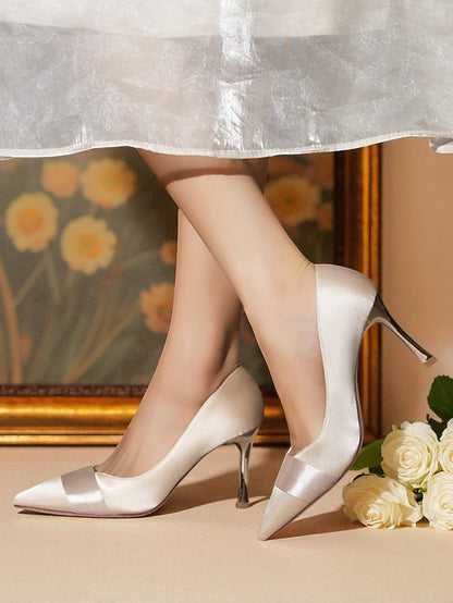 - High Women's Pumps Pointed Heel Satin Toe Champagne