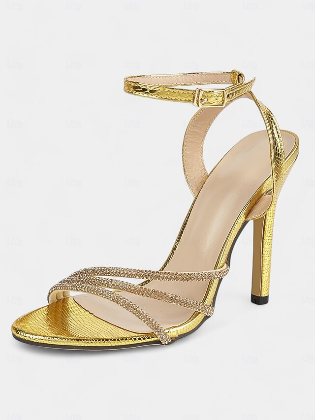 Rhinestone-Embellished Open-Toe Stiletto Women Gold Sandals for