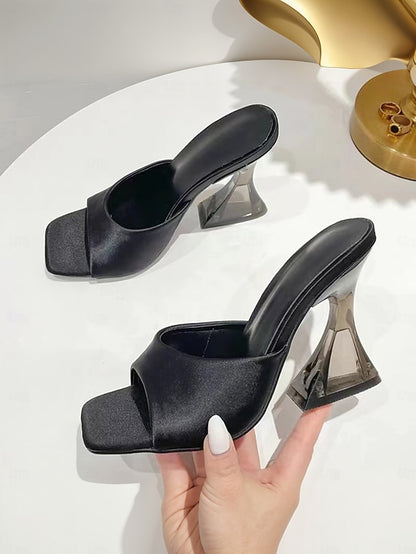 Transparent Block Mules Heels Open-Toe for Green with Satin
