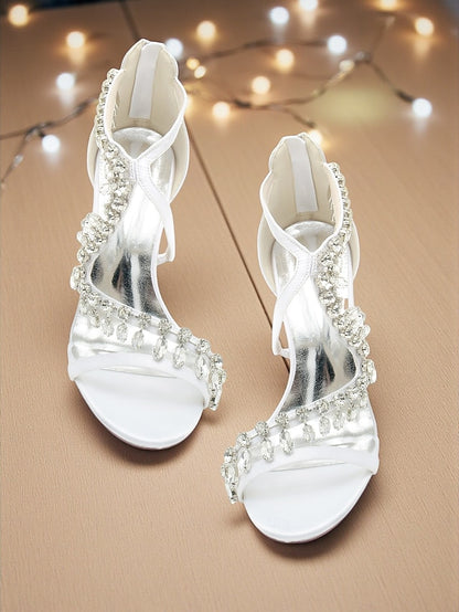 Strappy Heel Sandals Rhinestone High with Women's White