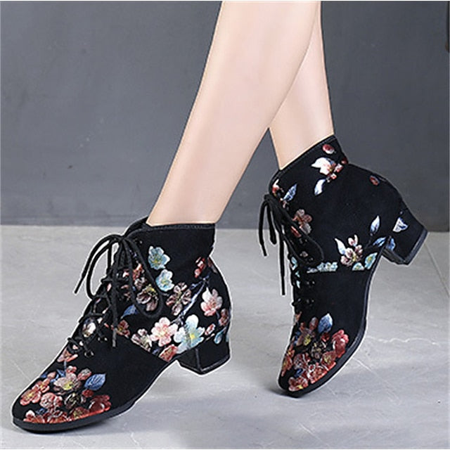 Comfortable Shoes Black – Lace-up Women Low Floral Dance for