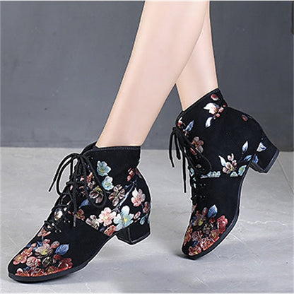 Comfortable Shoes Black – Lace-up Women Low Floral Dance for