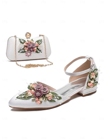 Embroidered – Floral Flat with Clutch Shoes Matching White