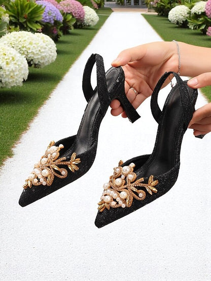 Black with Women's - Slingback Heels Detailing Pearl Satin