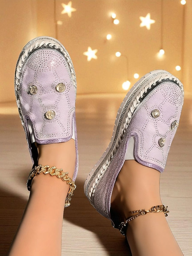 Rhinestone Studs Sneakers Women's Platform Slip-On Red with