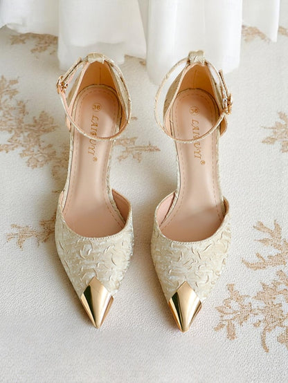 Toe Beige Women's and with Gold Pointed Heels Satin Accents