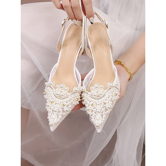 Kitten with White Pearl-Embellished Pointed-Toe Slingback Heel