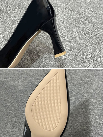 Leather Block Heel Glossy Pointed-Toe Pumps Green Patent Faux