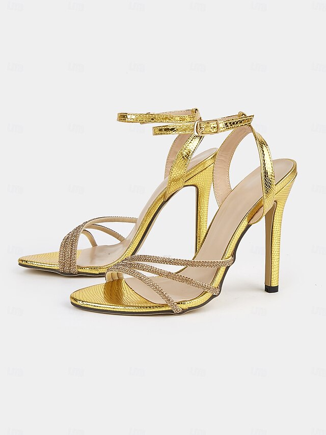 Rhinestone-Embellished Open-Toe Stiletto Women Gold Sandals for