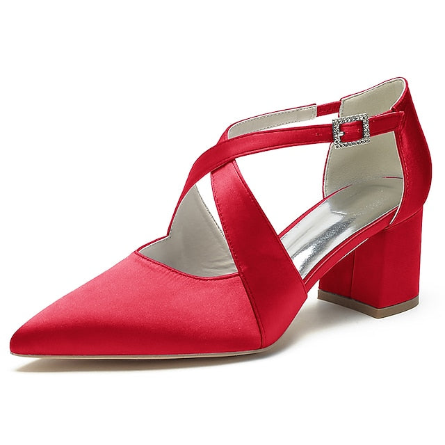 Elegant Block White Pointed Women's – Heels Satin Toe