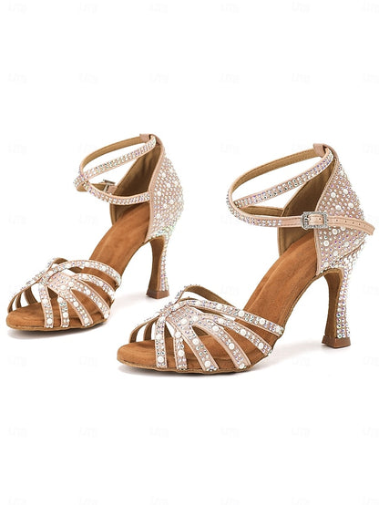 Rhinestone-Embellished Latin Tan High Sandals Dance with Heel