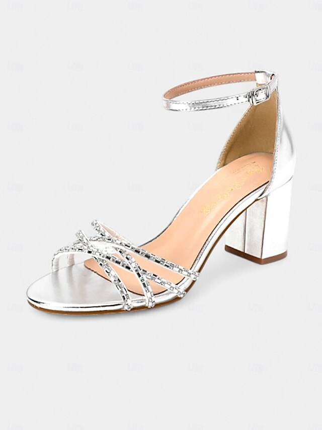 Silver Rhinestone Sandals Heel with Block Metallic Strappy