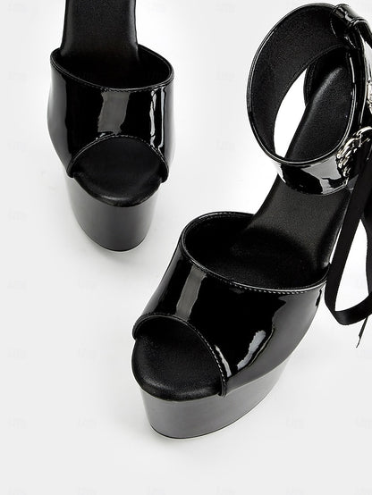 Black with Platform Lace-Up Patent Ankle Straps Sandals Leather