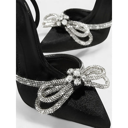 and Satin Bow Women's Black Heels with Rhinestone Stiletto