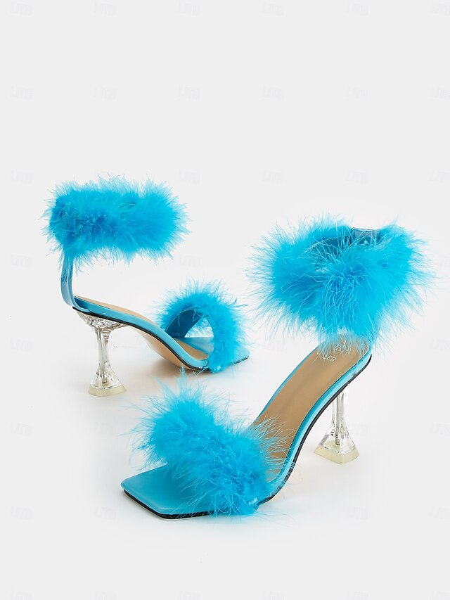 Feather-Embellished Heel with Sandals Turquoise Clear High