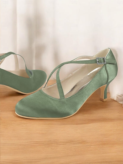 – Satin Cross-Strap Elegant with Heels White Rhinestone Buckle