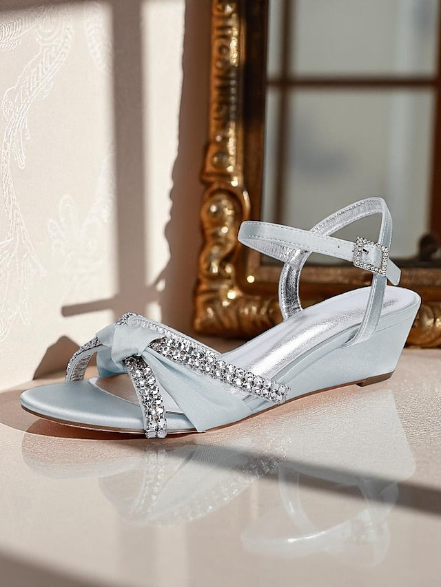 Satin Rhinestone Green - Women's Knot Wedge Sandals