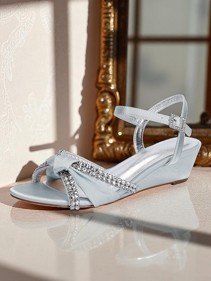 Satin Rhinestone Green - Women's Knot Wedge Sandals