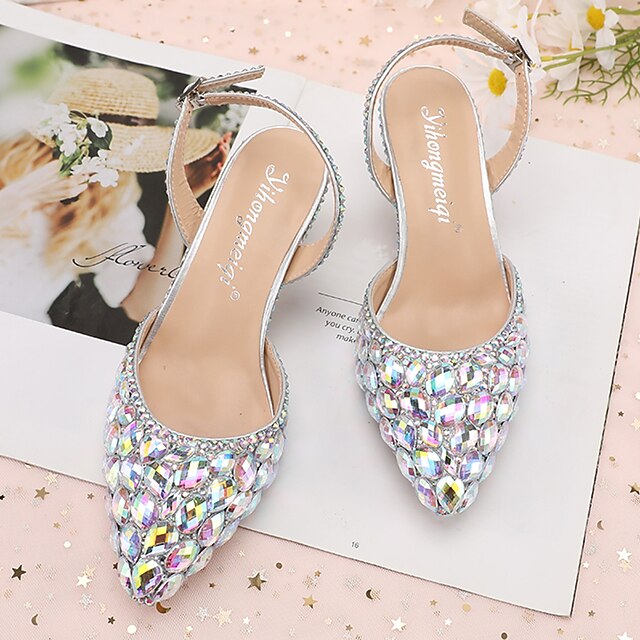 Heels Women's Crystal Slingback High Rhinestone Pointed-Toe