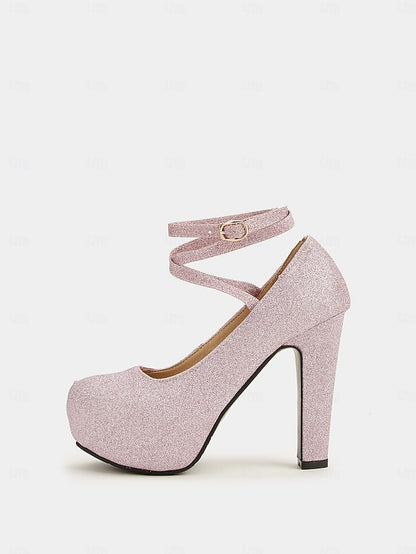 – Heels Platform with Strap Glitter Ankle Pink Women's