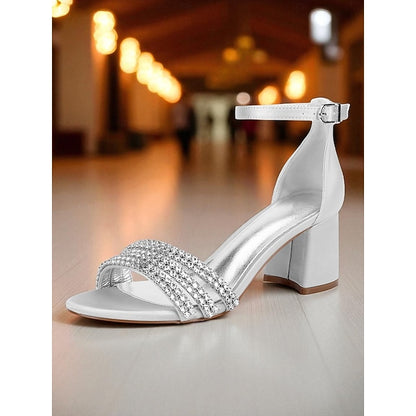 Sandals Rhinestone Women's Satin Purple Heel with Block