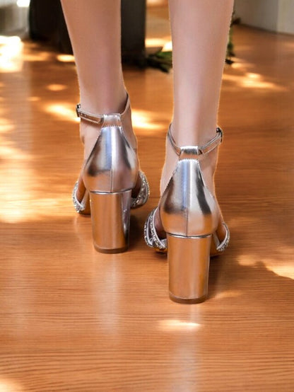Silver Rhinestone Sandals Heel with Block Metallic Strappy