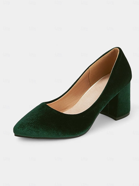 Toe Women's Green Pointed Elegant - Velvet Heel Block Pumps