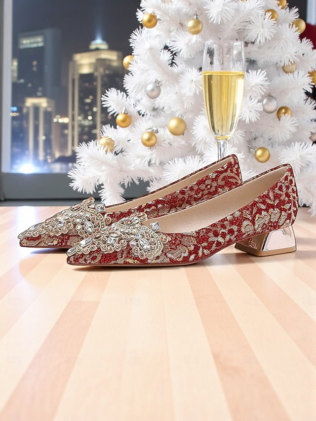 Women's Red Flats Pointed-Toe Rhinestone Embellished