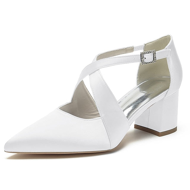 Elegant Block White Pointed Women's – Heels Satin Toe