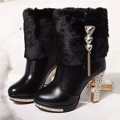 Faux Ankle Women's - White with Fur Heels Boots Rhinestone