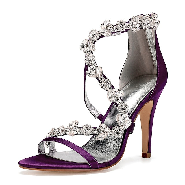 High Satin Sandals Floral Pink Heel Rhinestone with Women's