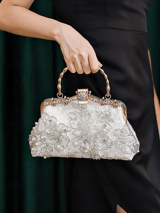 Evening White and Elegant Floral with Pearl Handbag Lace