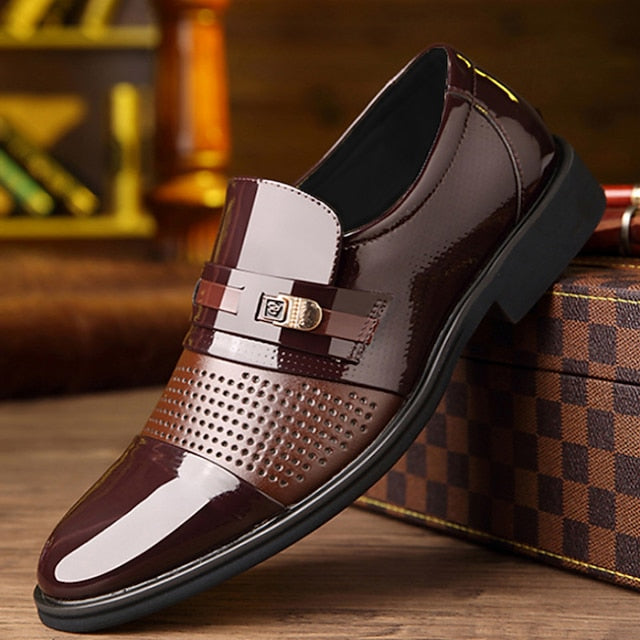 Men's Loafers with Faux Patent Brown Leather