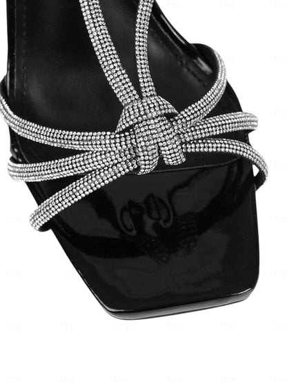 Heels Rhinestone Strappy Square Stiletto Women's with Toe