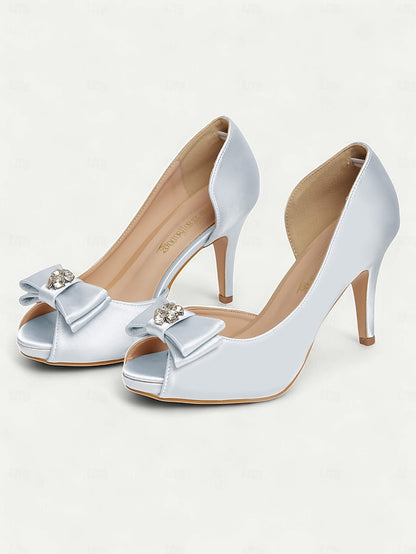 with Champagne Bow Women's and Peep Satin Heels Toe