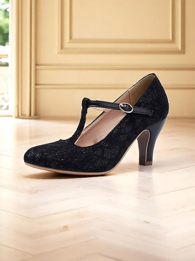 Ivory Heel Women's Pumps-1920s T-Strap Lace Vintage Mid