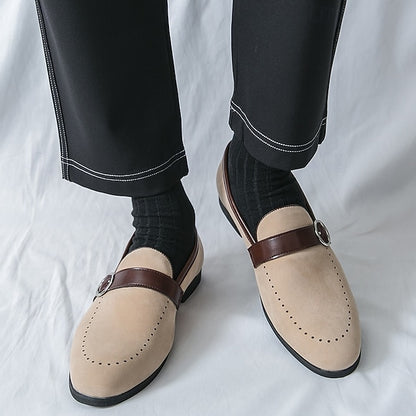 Slip-On Strap Brown Faux Loafers with Suede Buckle Men's