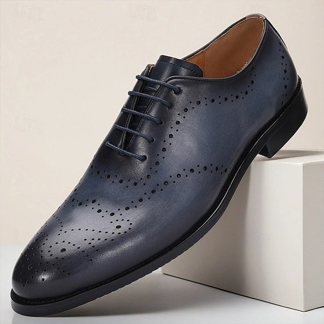 Blue Cowhide Shoes Men's Classic Oxford Genuine Navy