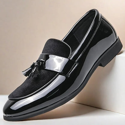 Velvet Men's Leather Patent Faux – Loafers Tassel Black