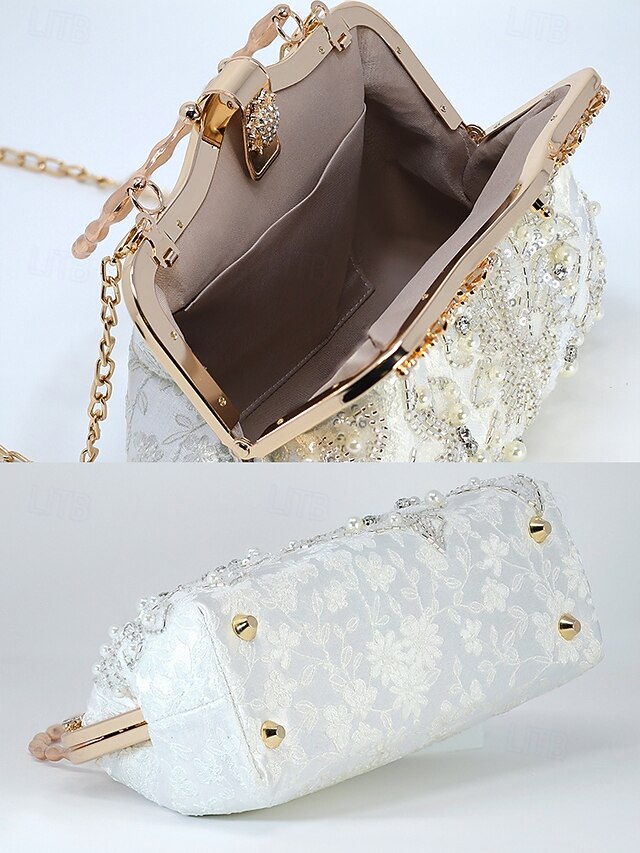 Evening White and Elegant Floral with Pearl Handbag Lace