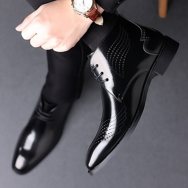 Ankle Leather Men's Brogue Glossy Wingtip Burgundy Faux