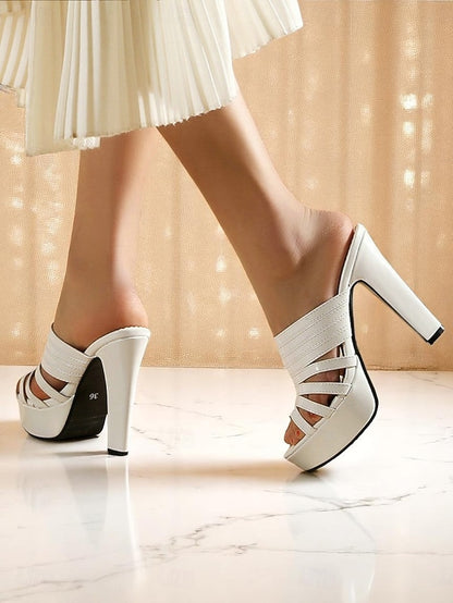 White Open-Toe Mule Women's Strappy Heels - Platform