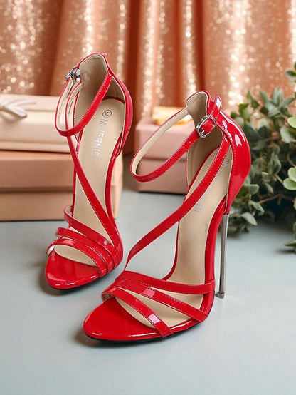 Red Strappy Sandals Heels PU High Women's Stiletto Patent -
