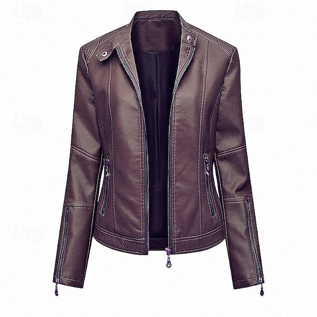Comfortable Women's Zipper Leather Pocket Jacket Faux
