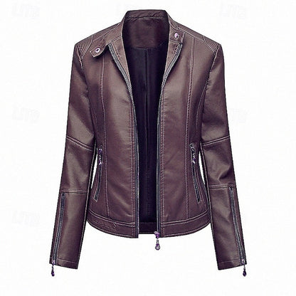 Comfortable Women's Zipper Leather Pocket Jacket Faux