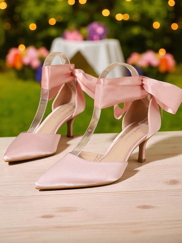 Heel Kitten Ribbon with Women's Pointed-Toe Shoes Satin