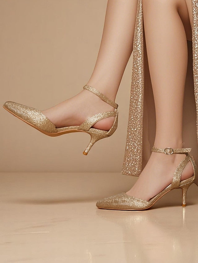 Ankle Heels Glitter Women's Gold Strap