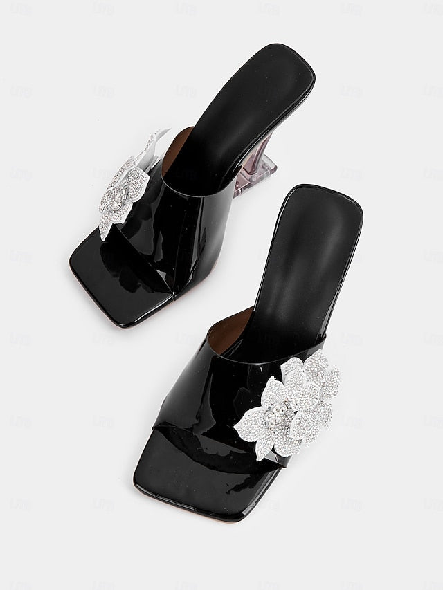 Mules Patent with Black Leather Flower Rhinestone Women's