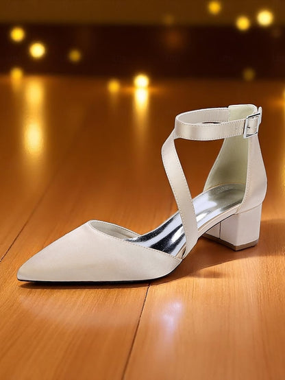 Women's - Heels Satin Block Champagne Pointed Toe